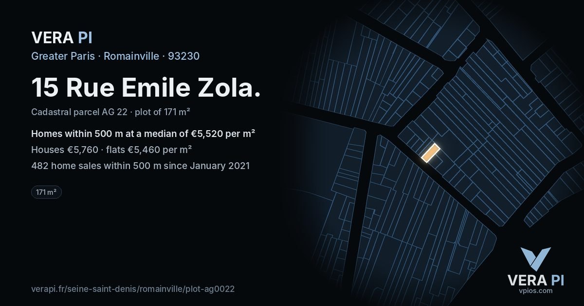15 Rue Emile Zola, Romainville at night – the plot lit, the parcels around coloured by the prices near them