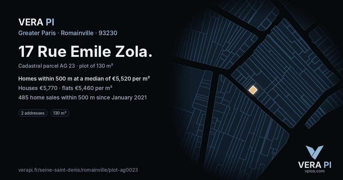 17 Rue Emile Zola, Romainville at night – the plot lit, the parcels around coloured by the prices near them