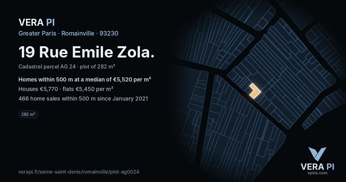 19 Rue Emile Zola, Romainville at night – the plot lit, the parcels around coloured by the prices near them