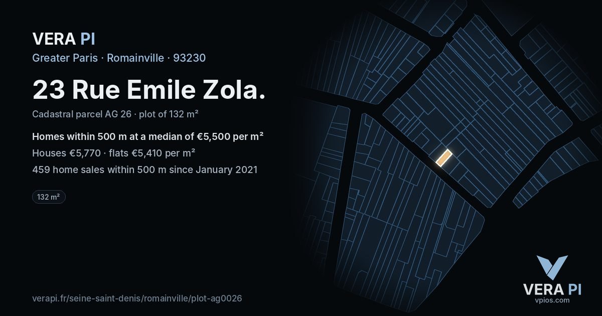23 Rue Emile Zola, Romainville at night – the plot lit, the parcels around coloured by the prices near them