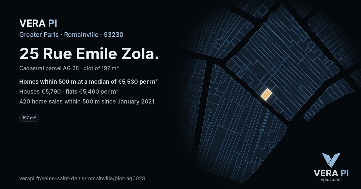 25 Rue Emile Zola, Romainville at night – the plot lit, the parcels around coloured by the prices near them