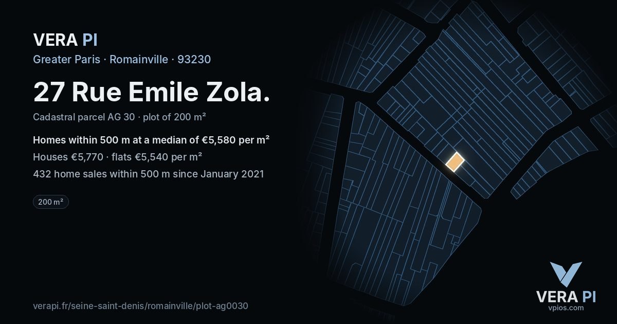 27 Rue Emile Zola, Romainville at night – the plot lit, the parcels around coloured by the prices near them