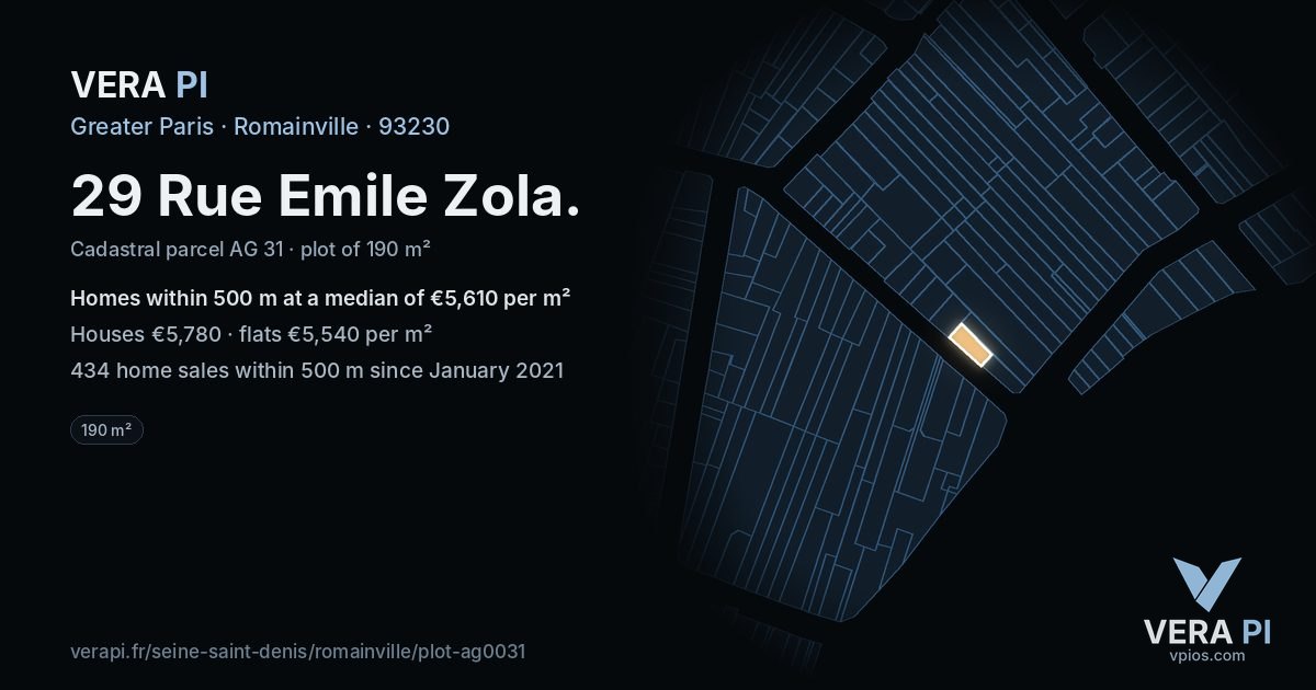 29 Rue Emile Zola, Romainville at night – the plot lit, the parcels around coloured by the prices near them