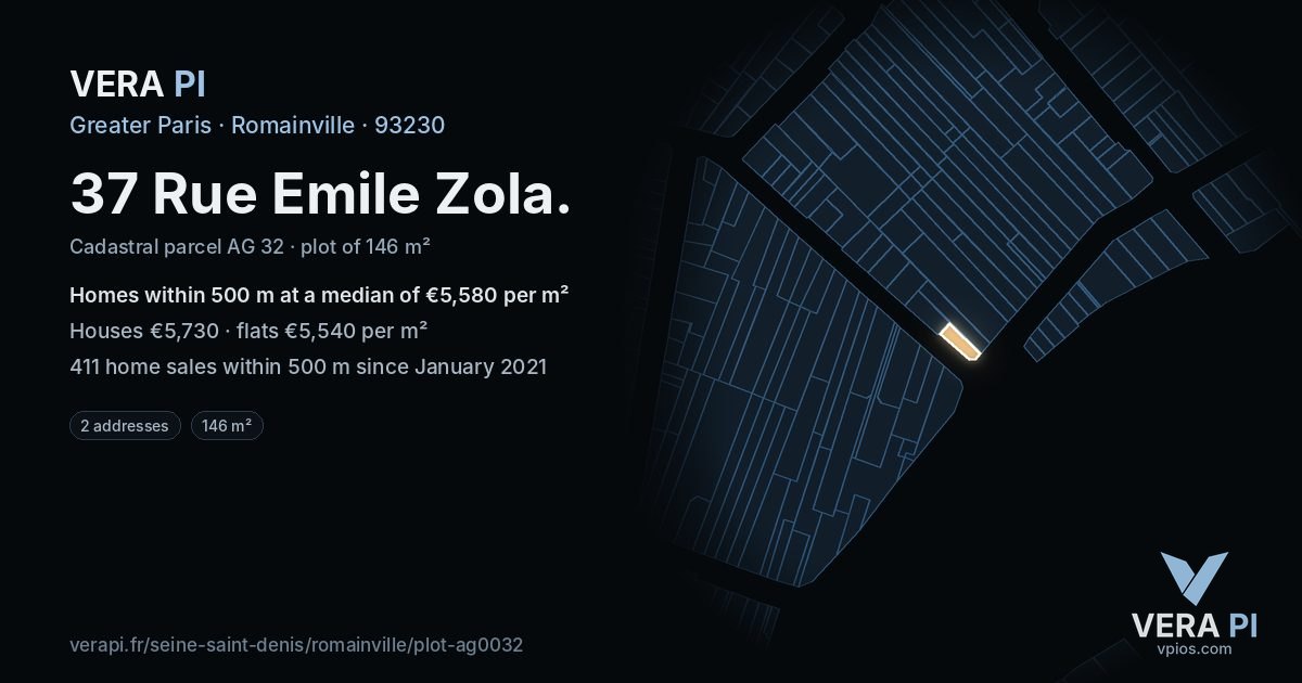 37 Rue Emile Zola, Romainville at night – the plot lit, the parcels around coloured by the prices near them