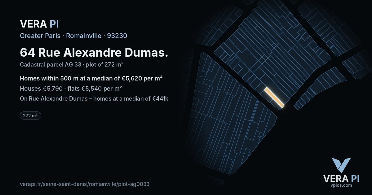 64 Rue Alexandre Dumas, Romainville at night – the plot lit, the parcels around coloured by the prices near them