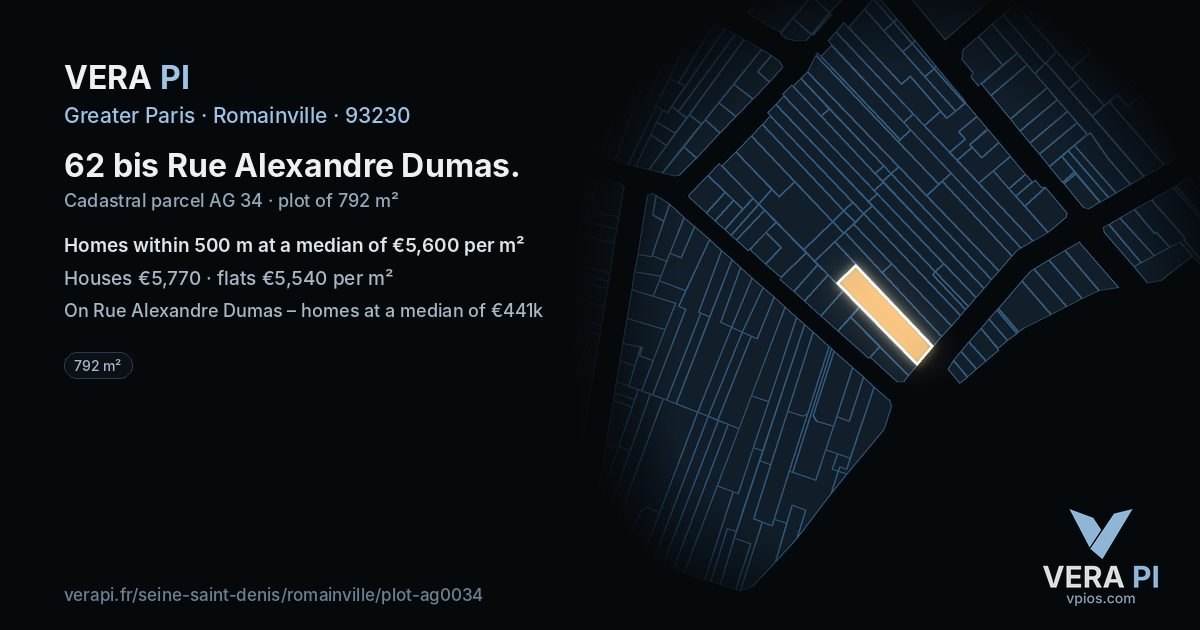 62 bis Rue Alexandre Dumas, Romainville at night – the plot lit, the parcels around coloured by the prices near them