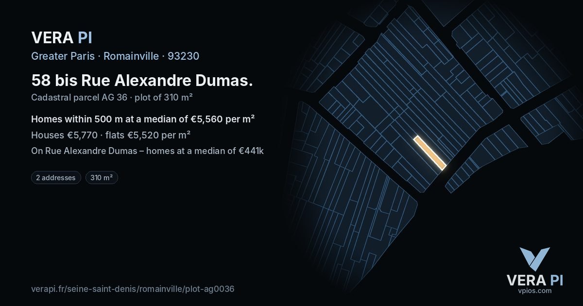 58 bis Rue Alexandre Dumas, Romainville at night – the plot lit, the parcels around coloured by the prices near them
