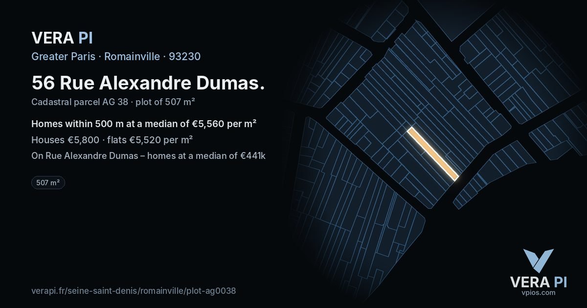 56 Rue Alexandre Dumas, Romainville at night – the plot lit, the parcels around coloured by the prices near them