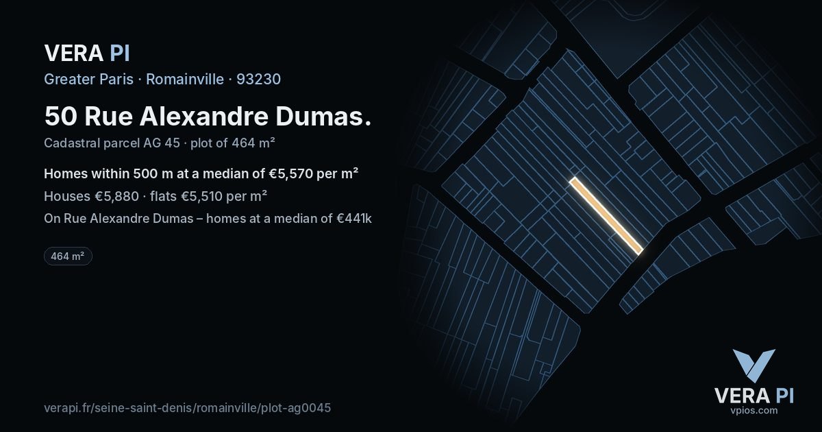50 Rue Alexandre Dumas, Romainville at night – the plot lit, the parcels around coloured by the prices near them
