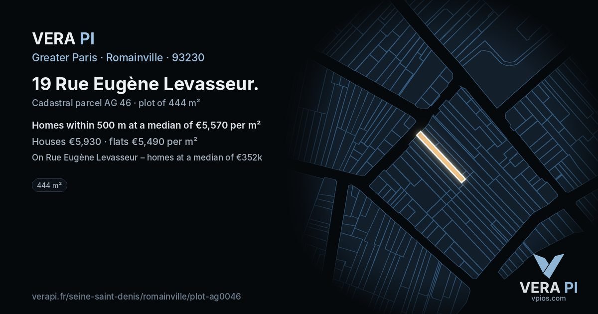 19 Rue Eugène Levasseur, Romainville at night – the plot lit, the parcels around coloured by the prices near them