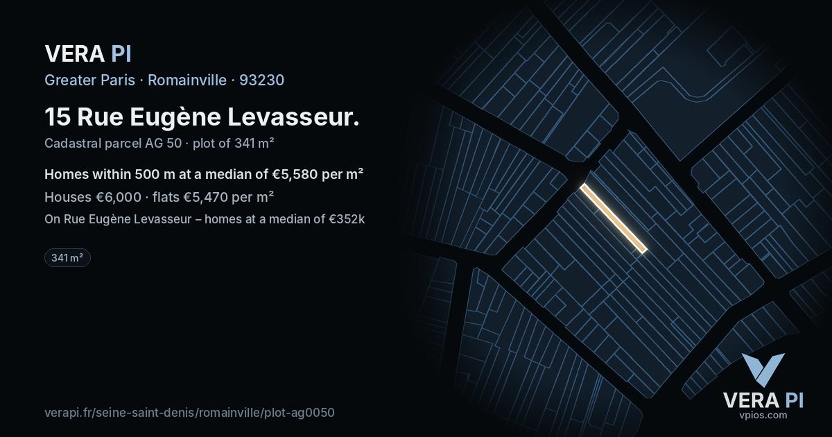 15 Rue Eugène Levasseur, Romainville at night – the plot lit, the parcels around coloured by the prices near them