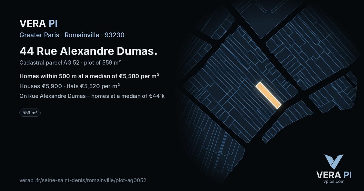 44 Rue Alexandre Dumas, Romainville at night – the plot lit, the parcels around coloured by the prices near them