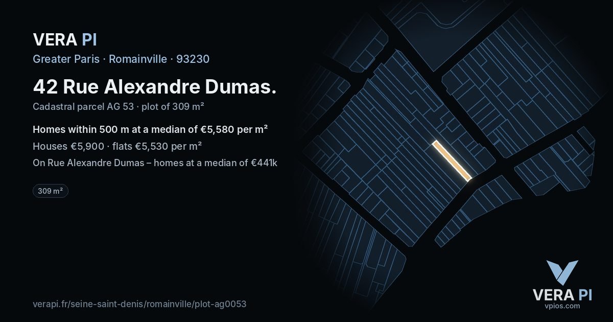 42 Rue Alexandre Dumas, Romainville at night – the plot lit, the parcels around coloured by the prices near them