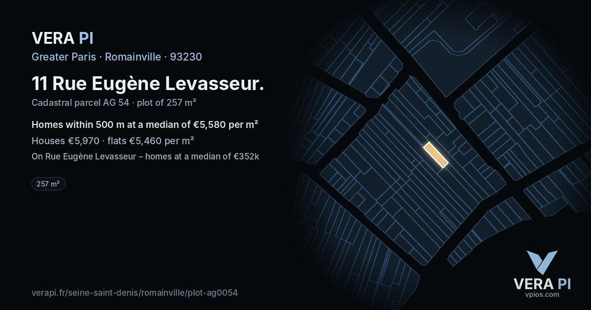 11 Rue Eugène Levasseur, Romainville at night – the plot lit, the parcels around coloured by the prices near them