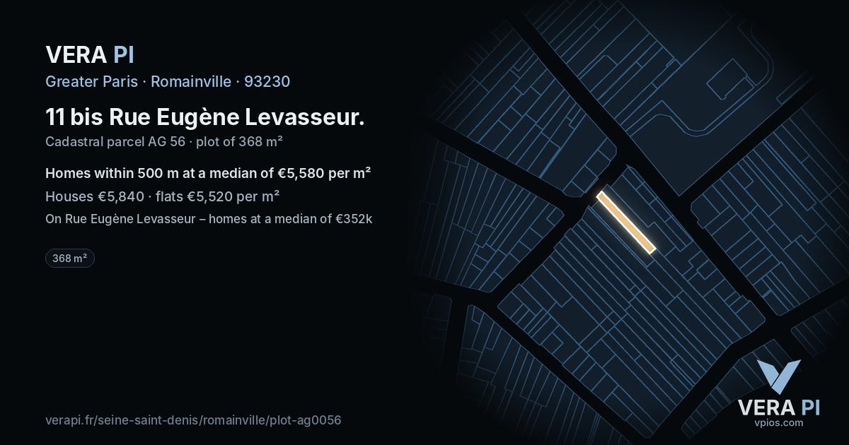 11 bis Rue Eugène Levasseur, Romainville at night – the plot lit, the parcels around coloured by the prices near them