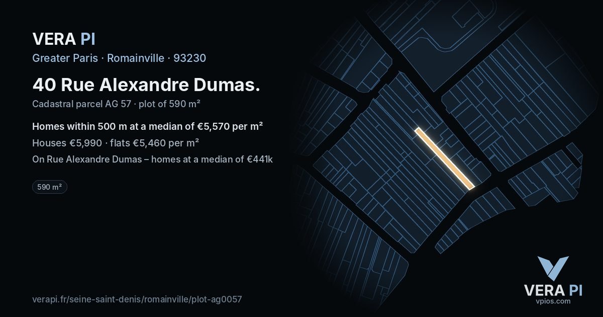 40 Rue Alexandre Dumas, Romainville at night – the plot lit, the parcels around coloured by the prices near them