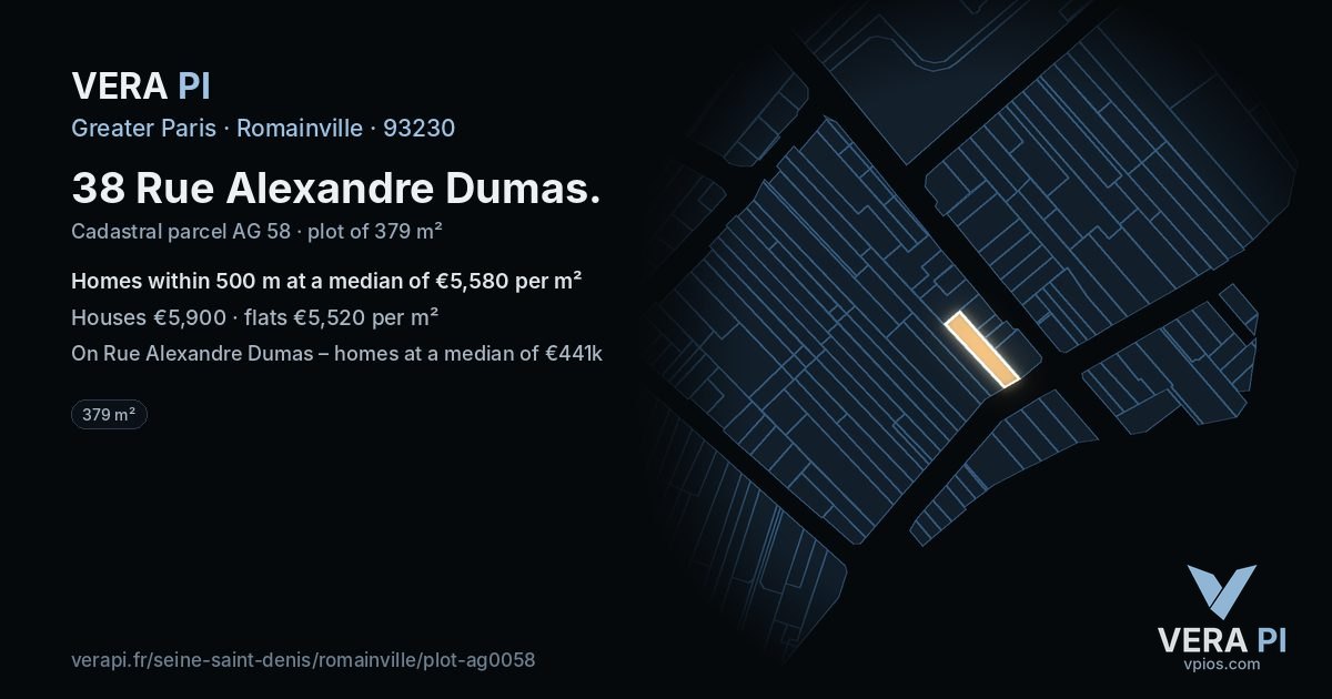 38 Rue Alexandre Dumas, Romainville at night – the plot lit, the parcels around coloured by the prices near them