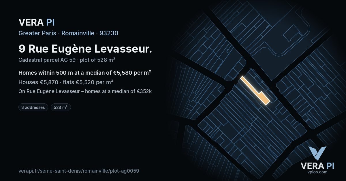 9 Rue Eugène Levasseur, Romainville at night – the plot lit, the parcels around coloured by the prices near them