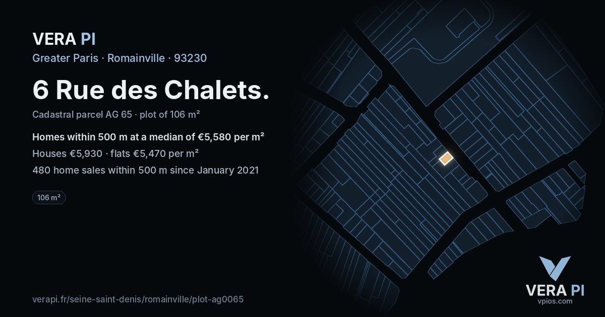 6 Rue des Chalets, Romainville at night – the plot lit, the parcels around coloured by the prices near them