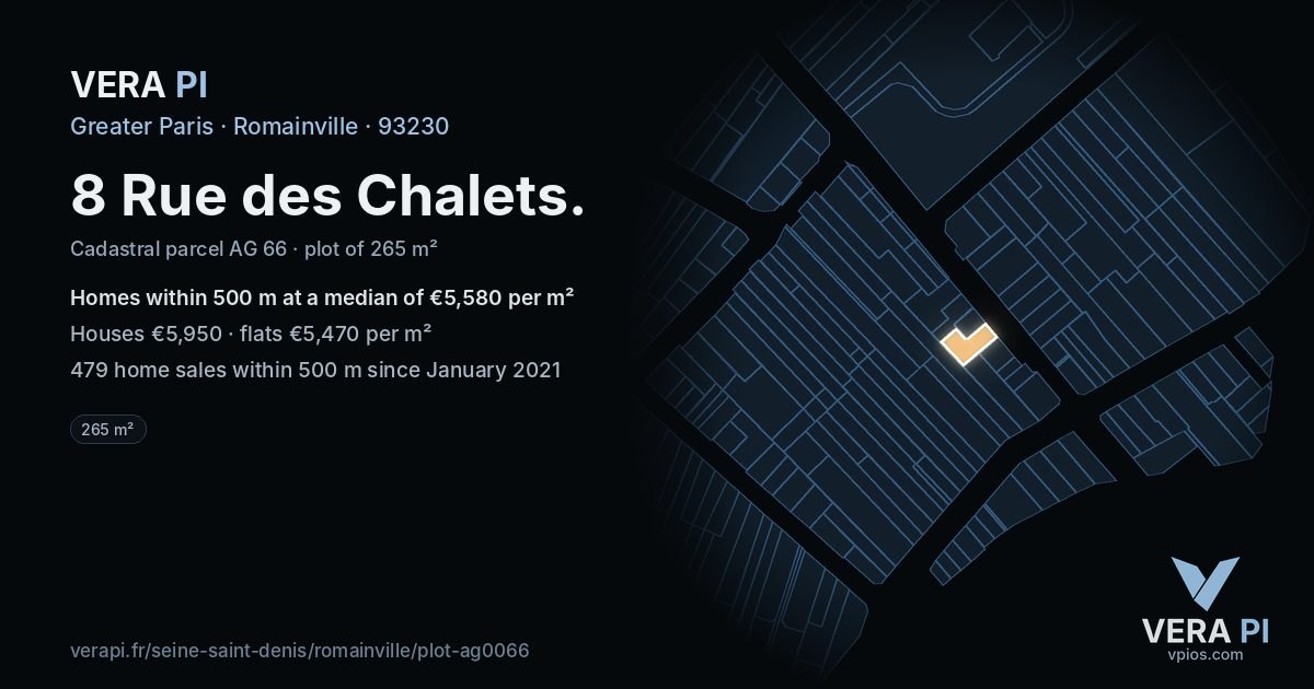 8 Rue des Chalets, Romainville at night – the plot lit, the parcels around coloured by the prices near them