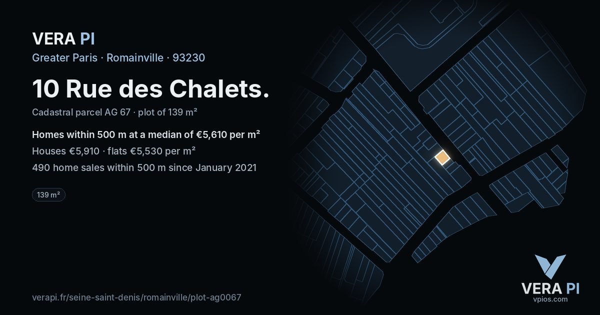 10 Rue des Chalets, Romainville at night – the plot lit, the parcels around coloured by the prices near them