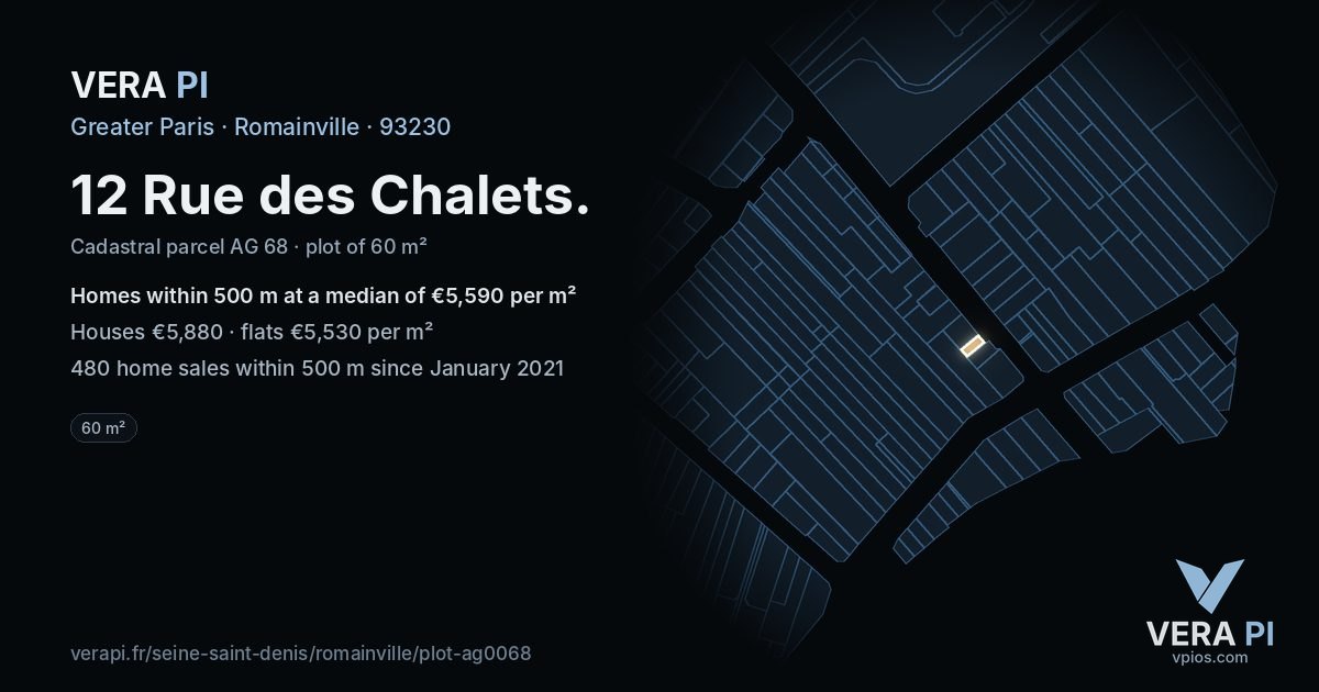 12 Rue des Chalets, Romainville at night – the plot lit, the parcels around coloured by the prices near them