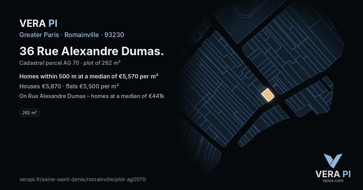36 Rue Alexandre Dumas, Romainville at night – the plot lit, the parcels around coloured by the prices near them