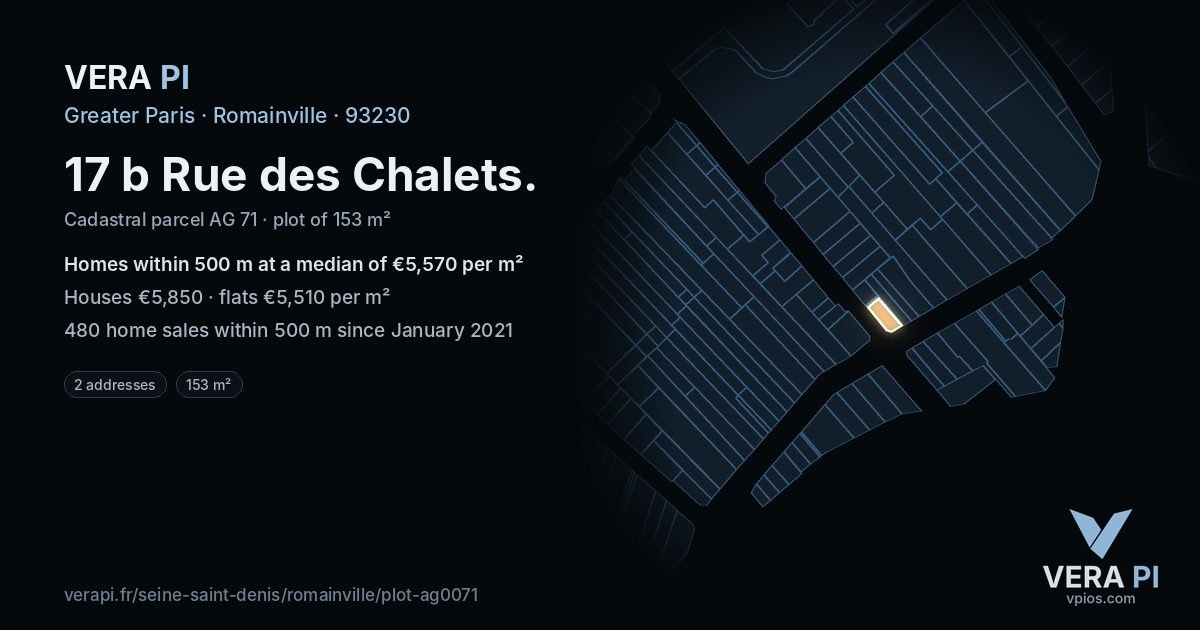 17 b Rue des Chalets, Romainville at night – the plot lit, the parcels around coloured by the prices near them