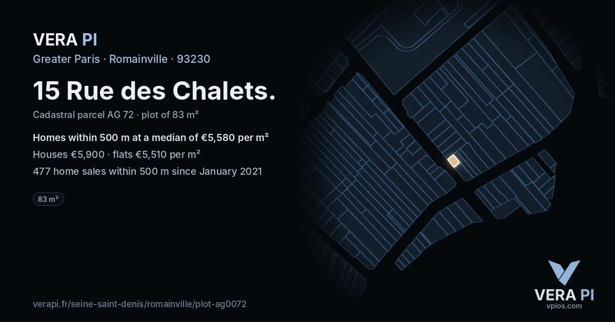15 Rue des Chalets, Romainville at night – the plot lit, the parcels around coloured by the prices near them