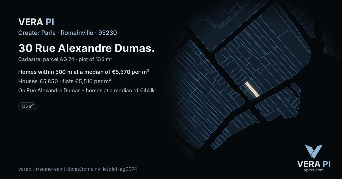 30 Rue Alexandre Dumas, Romainville at night – the plot lit, the parcels around coloured by the prices near them