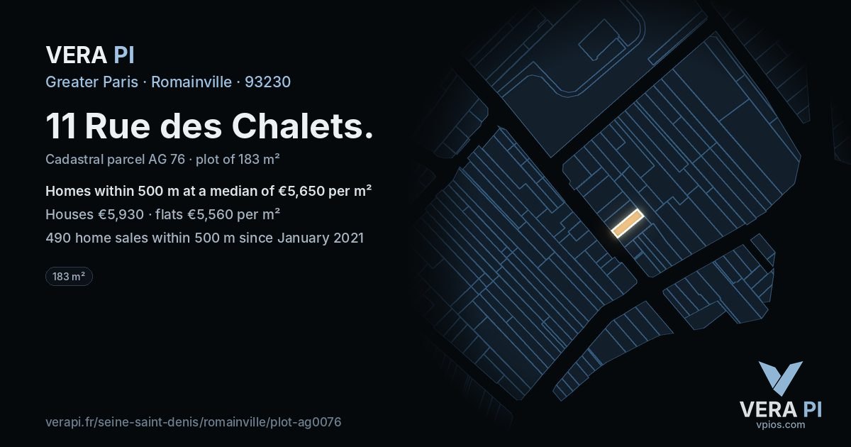 11 Rue des Chalets, Romainville at night – the plot lit, the parcels around coloured by the prices near them
