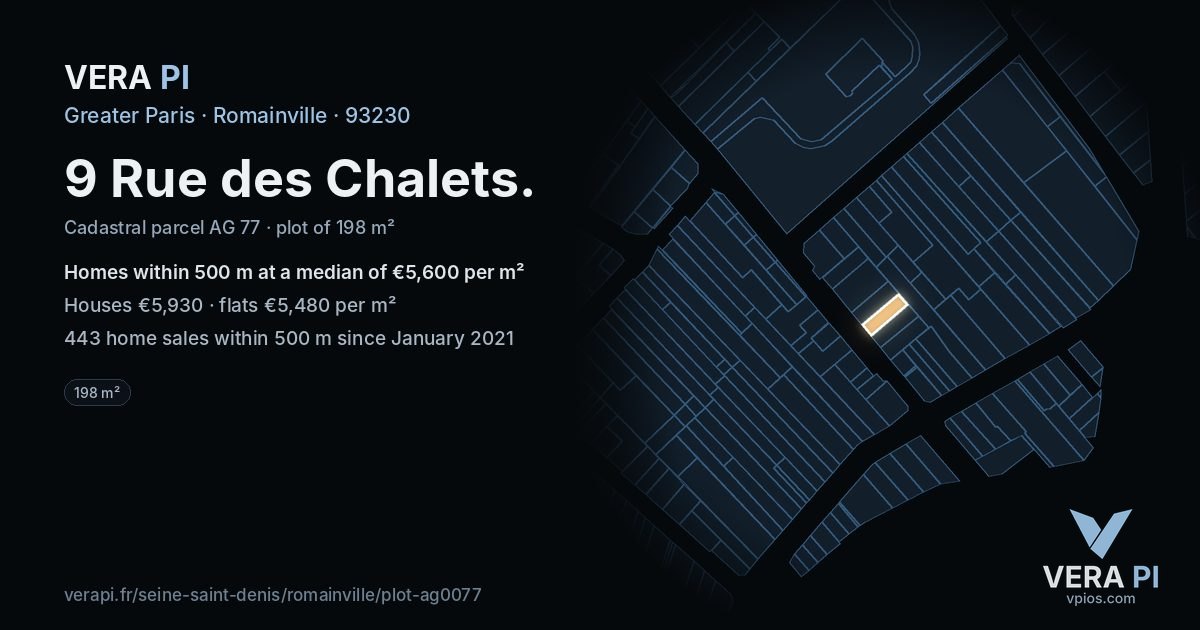 9 Rue des Chalets, Romainville at night – the plot lit, the parcels around coloured by the prices near them