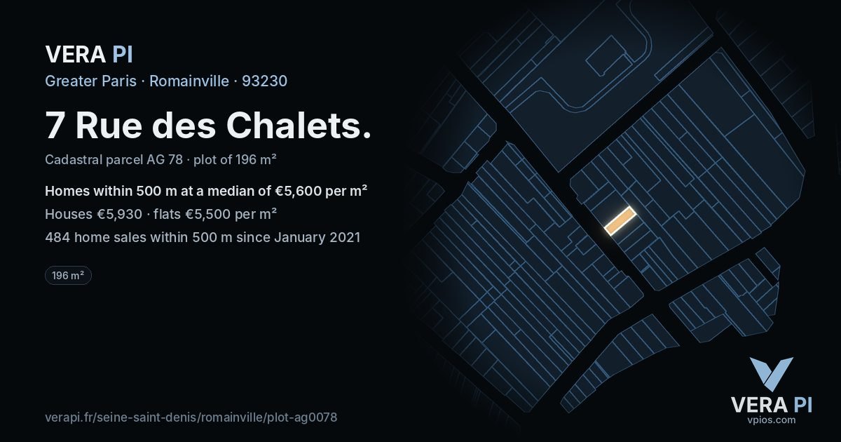 7 Rue des Chalets, Romainville at night – the plot lit, the parcels around coloured by the prices near them