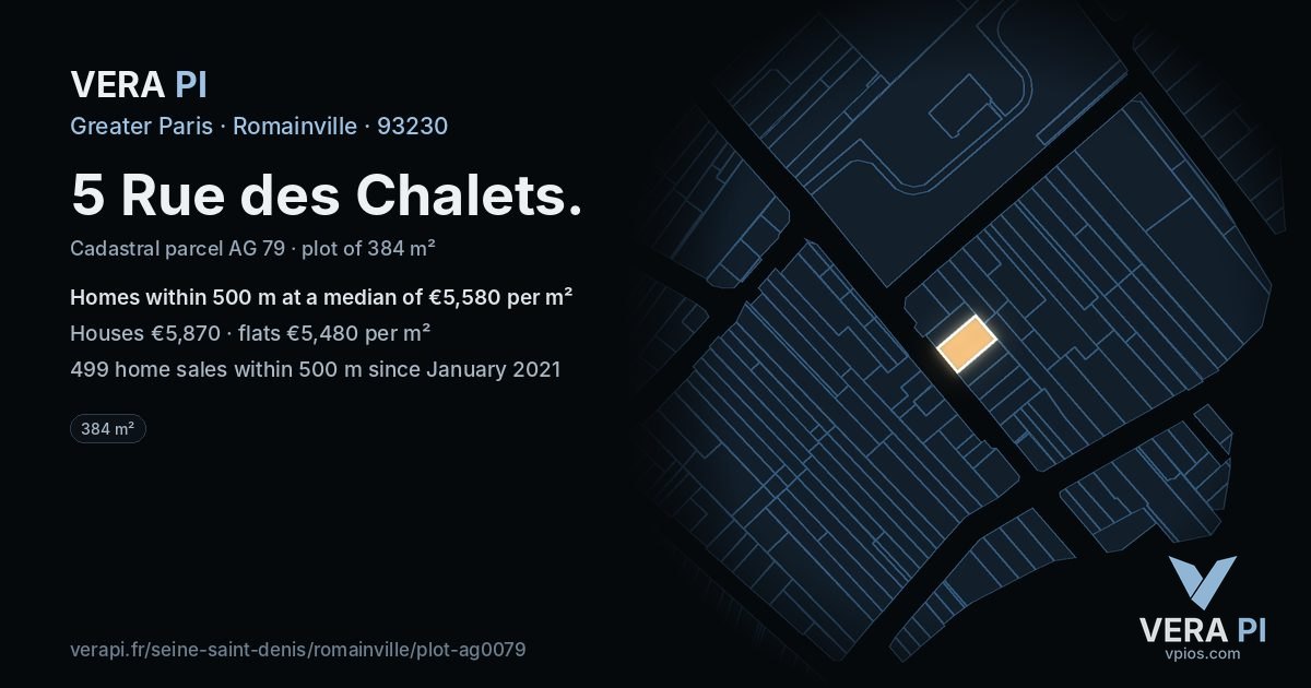 5 Rue des Chalets, Romainville at night – the plot lit, the parcels around coloured by the prices near them