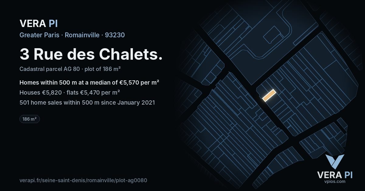 3 Rue des Chalets, Romainville at night – the plot lit, the parcels around coloured by the prices near them