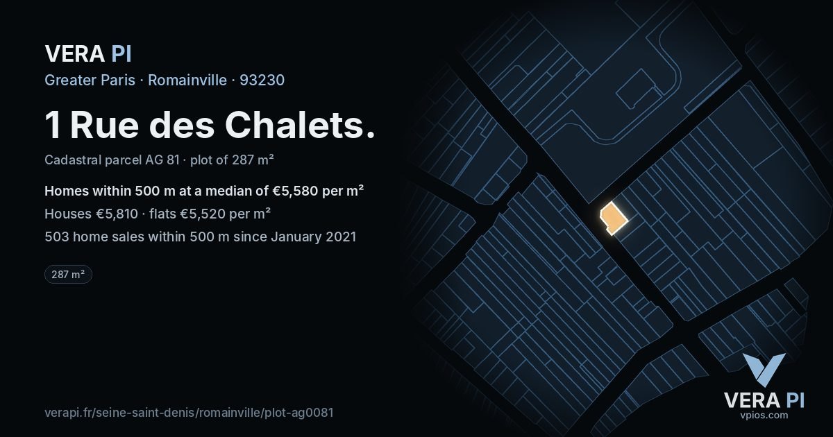 1 Rue des Chalets, Romainville at night – the plot lit, the parcels around coloured by the prices near them