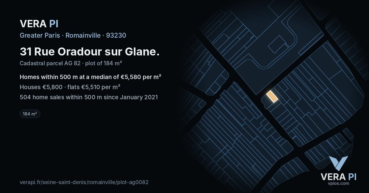 31 Rue Oradour sur Glane, Romainville at night – the plot lit, the parcels around coloured by the prices near them