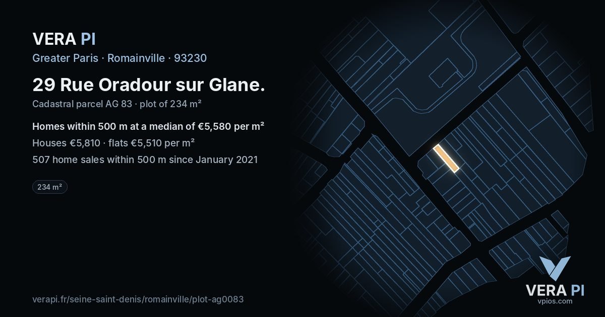 29 Rue Oradour sur Glane, Romainville at night – the plot lit, the parcels around coloured by the prices near them
