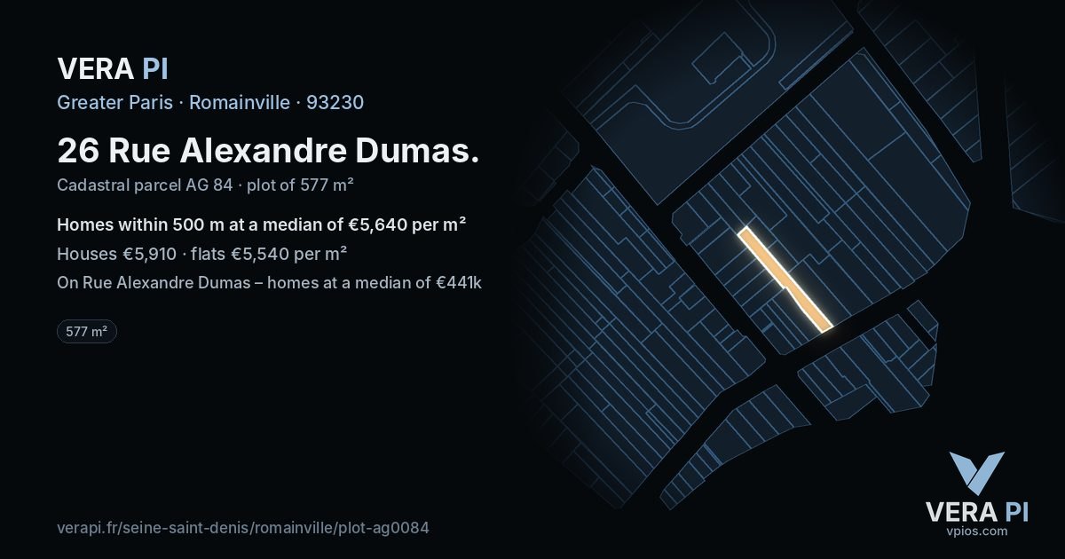 26 Rue Alexandre Dumas, Romainville at night – the plot lit, the parcels around coloured by the prices near them