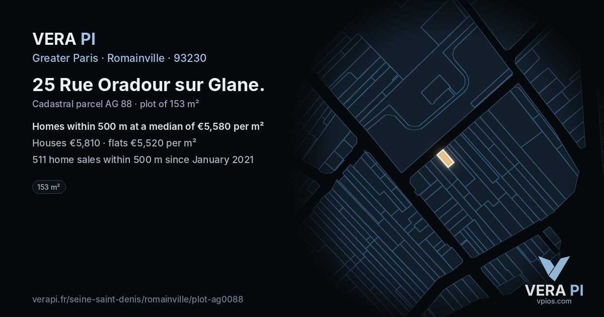 25 Rue Oradour sur Glane, Romainville at night – the plot lit, the parcels around coloured by the prices near them