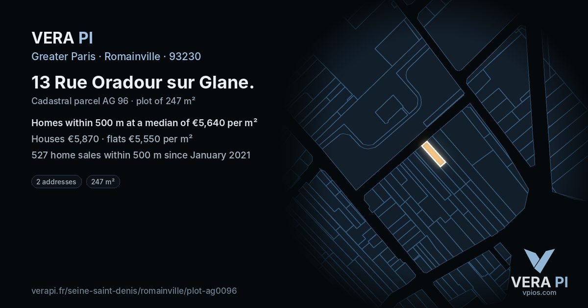 13 Rue Oradour sur Glane, Romainville at night – the plot lit, the parcels around coloured by the prices near them