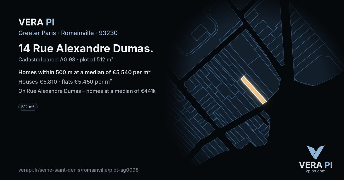 14 Rue Alexandre Dumas, Romainville at night – the plot lit, the parcels around coloured by the prices near them