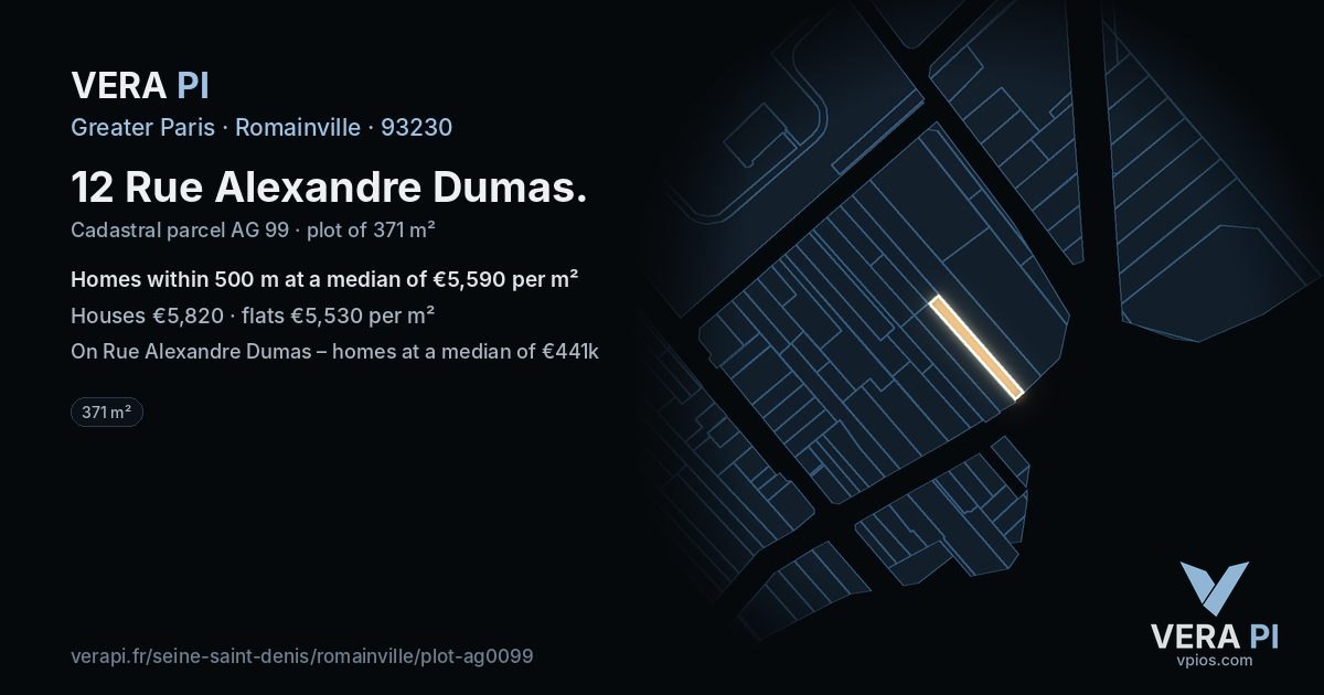 12 Rue Alexandre Dumas, Romainville at night – the plot lit, the parcels around coloured by the prices near them