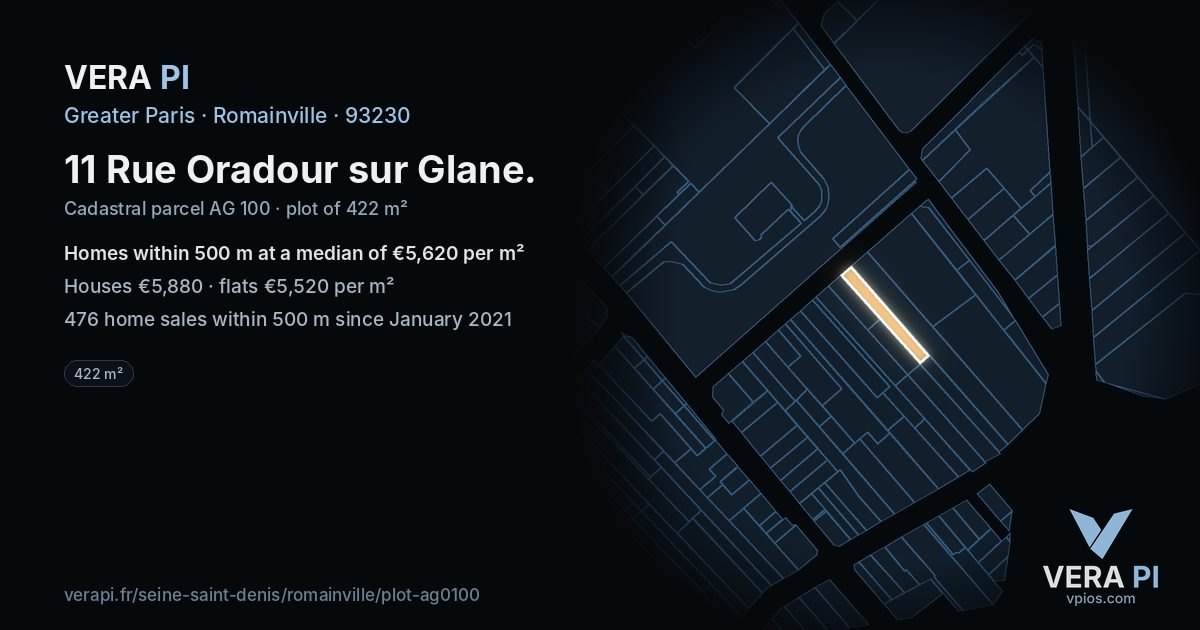 11 Rue Oradour sur Glane, Romainville at night – the plot lit, the parcels around coloured by the prices near them