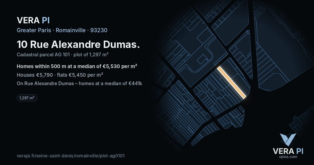 10 Rue Alexandre Dumas, Romainville at night – the plot lit, the parcels around coloured by the prices near them
