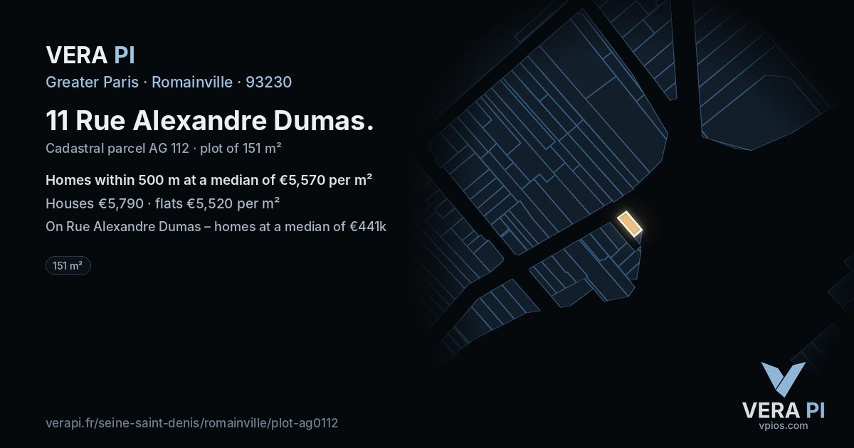 11 Rue Alexandre Dumas, Romainville at night – the plot lit, the parcels around coloured by the prices near them