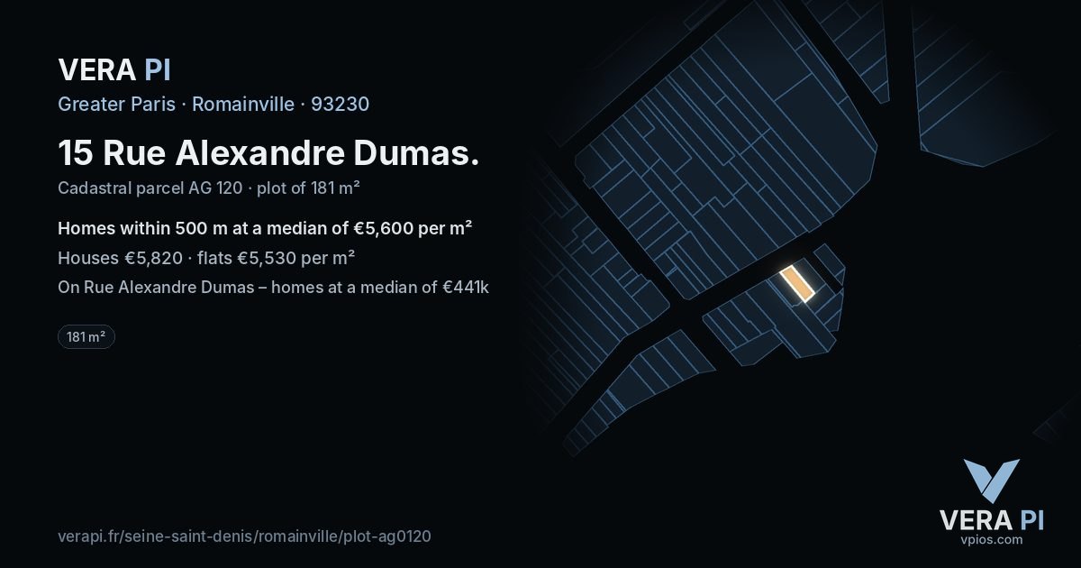 15 Rue Alexandre Dumas, Romainville at night – the plot lit, the parcels around coloured by the prices near them