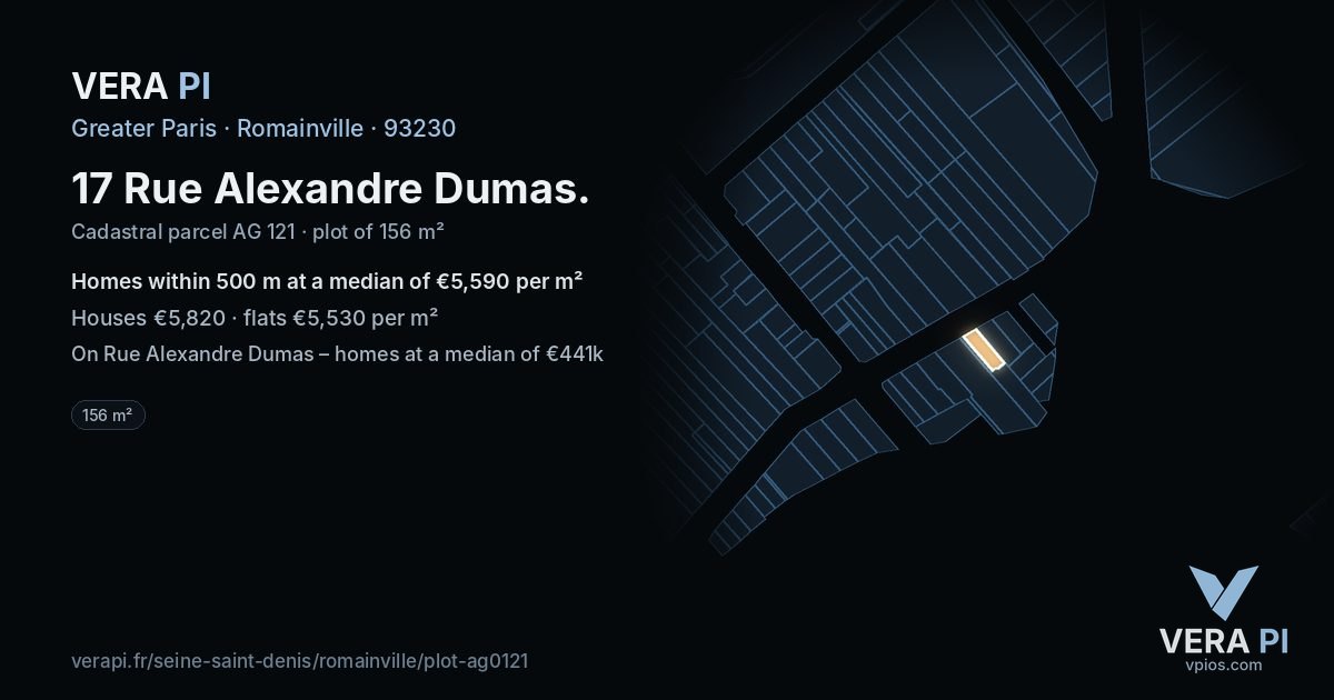 17 Rue Alexandre Dumas, Romainville at night – the plot lit, the parcels around coloured by the prices near them
