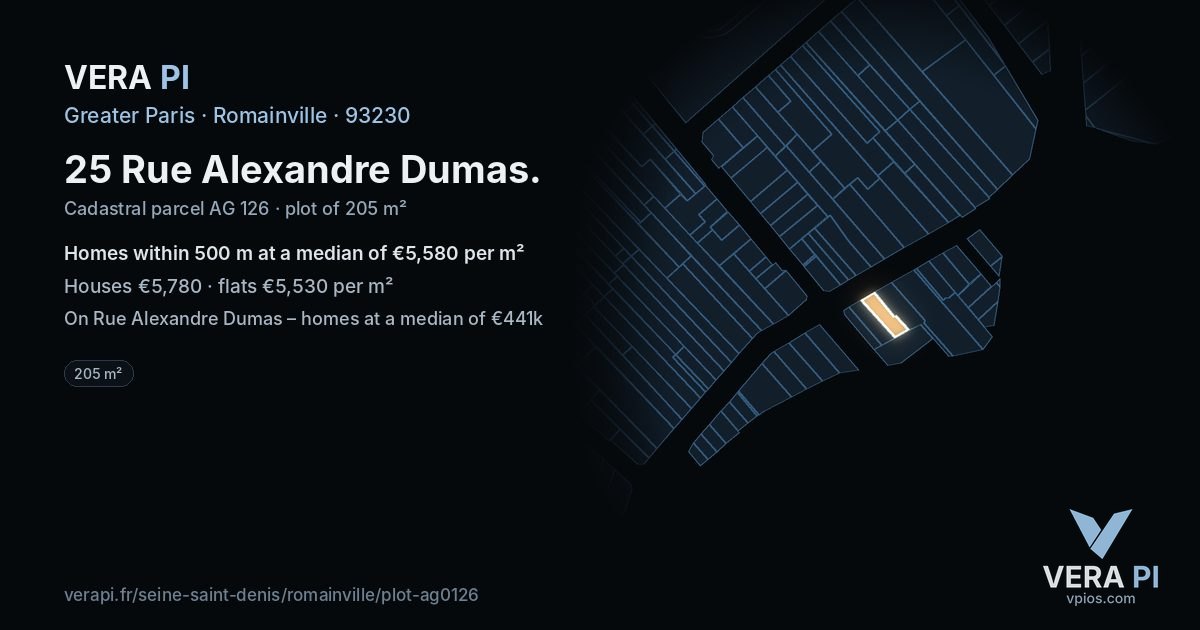 25 Rue Alexandre Dumas, Romainville at night – the plot lit, the parcels around coloured by the prices near them