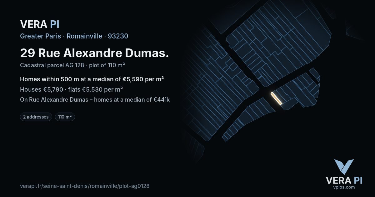 29 Rue Alexandre Dumas, Romainville at night – the plot lit, the parcels around coloured by the prices near them